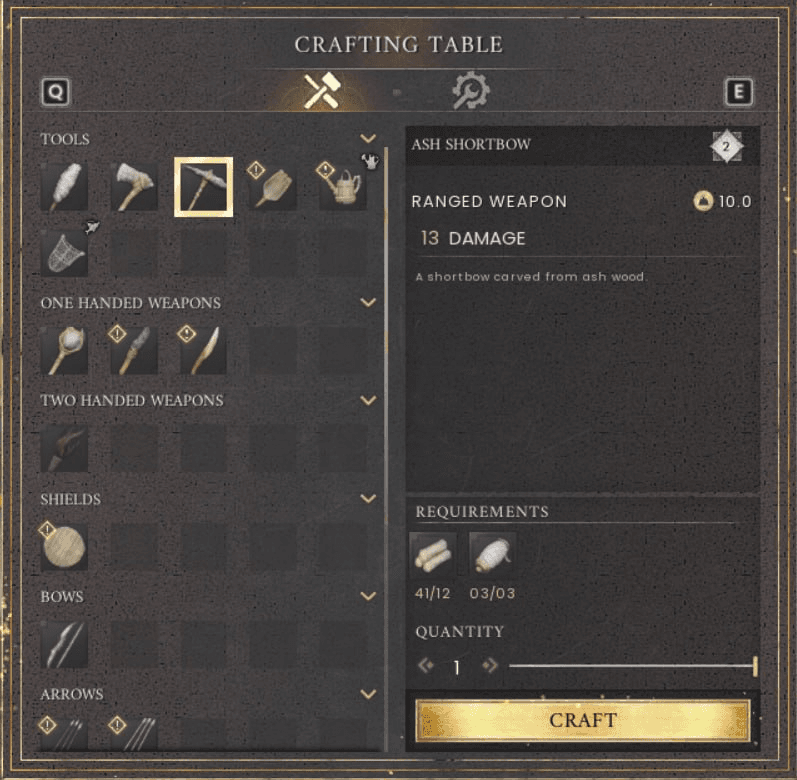 Ash Shortbow recipe on the Crafting Table