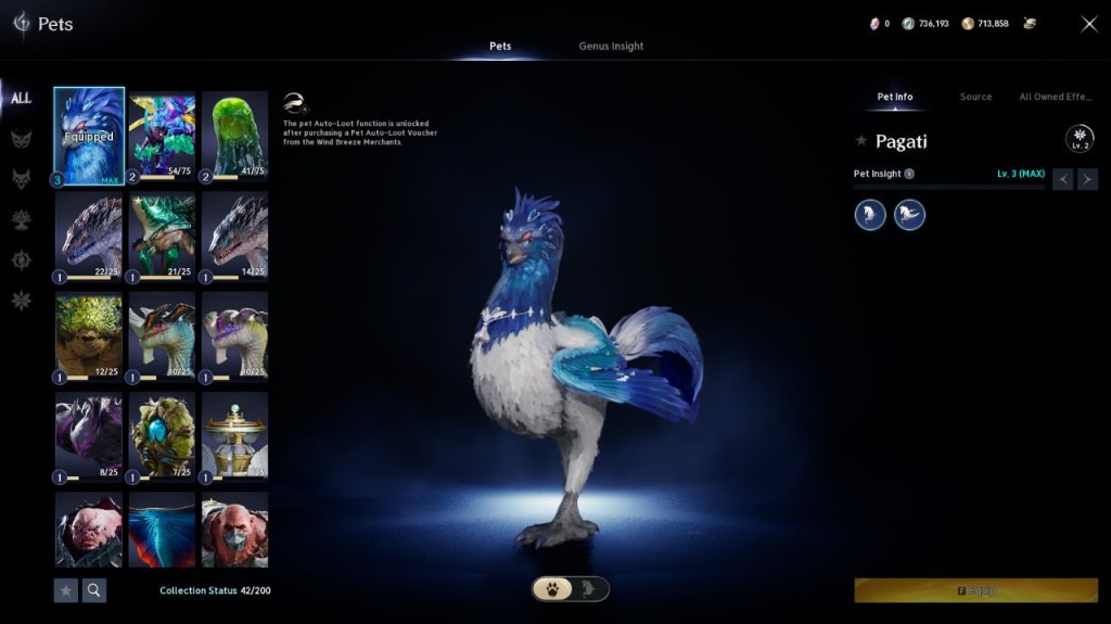 AION 2 Pets menu showing the collection grid, equipped Pagati, soul progress bars, and Pet Info panel